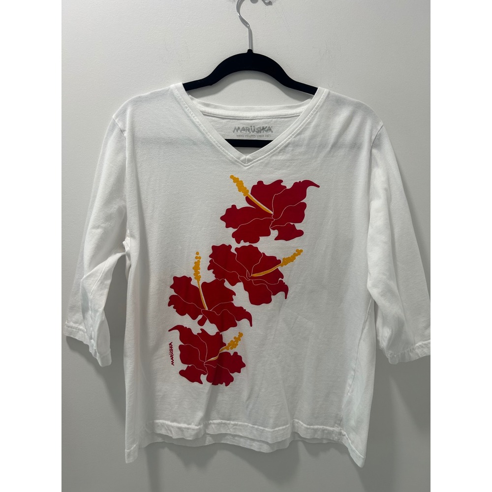 Marushka White Cotton Hibiscus Floral Hand Printed V-Neck 3/4 Sleeve Tee XL